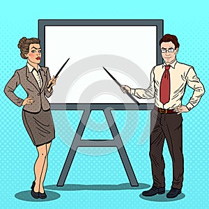 Pop Art Businessman and Business Woman with Pointer Stick and White Board