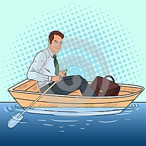 Pop Art Businessman Floating in the Boat. Escape from Work to Vacation
