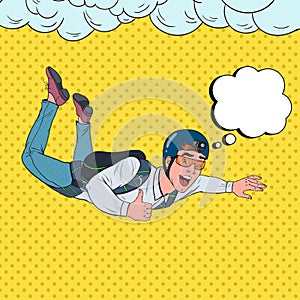 Pop Art Businessman Flying with Parachute. Happy Man Parachutist. Skydiver in the Air