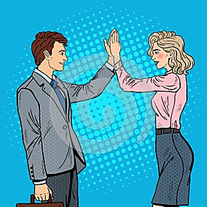 Pop Art Businessman Giving High Five to Business Woman