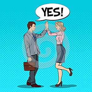 Pop Art Businessman Giving High Five to Business Woman