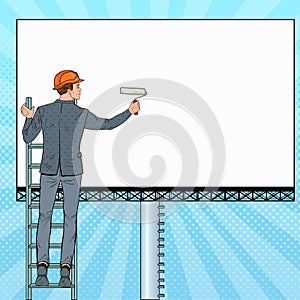 Pop Art Businessman in Helmet with Blank Billboard. Male Worker Applying Banner. Advertisement Concept