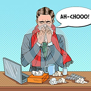 Pop Art Businessman Sneezing at Office Work