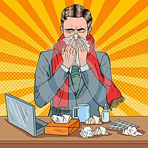 Pop Art Businessman Sneezing at Work