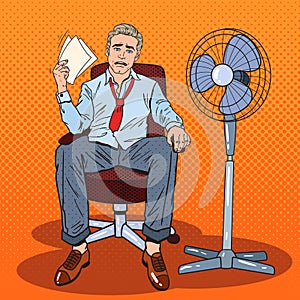 Pop Art Businessman Sweating in Warm Office with Fan