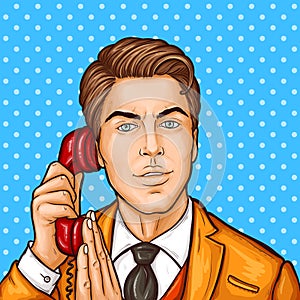 Pop art businessman talking on a retro phone and covering a microphone with his hand