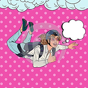 Pop Art Businesswoman Flying with Parachute. Happy Woman Parachutist. Skydiver in the Air