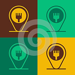 Pop art Cafe and restaurant location icon isolated on color background. Fork eatery sign inside pinpoint. Vector.