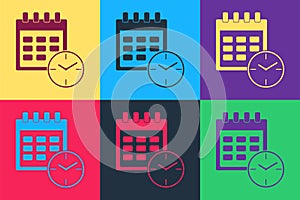 Pop art Calendar and clock icon isolated on color background. Schedule, appointment, organizer, timesheet, time