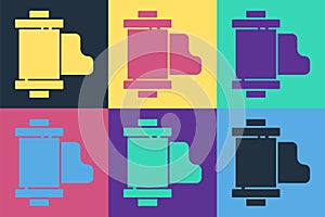 Pop art Camera vintage film roll cartridge icon isolated on color background. 35mm film canister. Filmstrip photographer