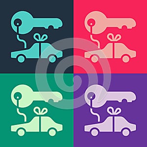 Pop art Car gift icon isolated on color background. Car key prize. Vector