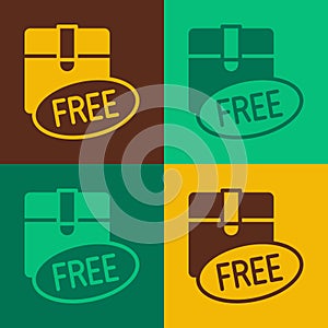 Pop art Cardboard box with free symbol icon isolated on color background. Box, package, parcel sign. Delivery