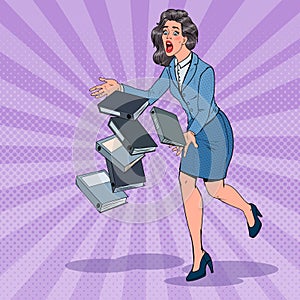 Pop Art Careless Business Woman Dropping Folder Documents. Office Secretary with Paper Files