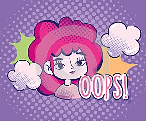 Pop art cartoon girl halftone red hair comic clouds explosion design