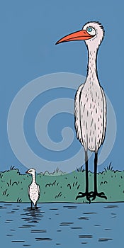 Pop Art Cartoonish Illustration Of Chicken, Stork, And Egret In Field