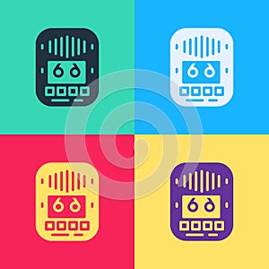 Pop art Cassette tape player icon isolated on color background. Vintage audio tape recorder. Vector