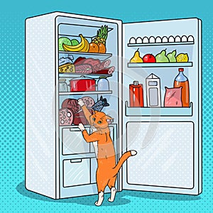 Pop Art Cat Steals Food from Refrigerator. Hungry Pet in Fridge