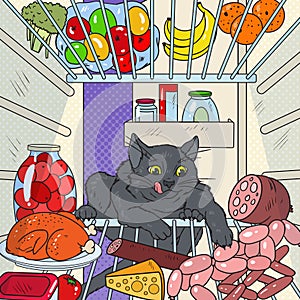 Pop Art Cat Steals Food from Refrigerator. Hungry Pet in Fridge