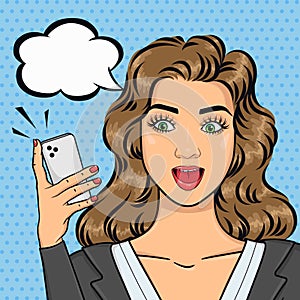 Pop art caucasian excited business woman with open mouth in suit texting on mobile phone, text bubble for your message