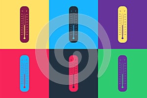 Pop art Celsius and fahrenheit meteorology thermometers measuring icon isolated on color background. Thermometer