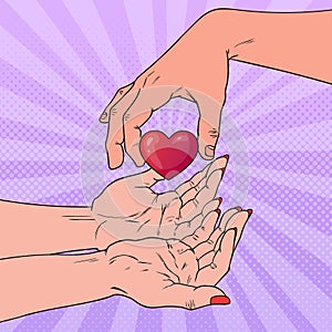 Pop Art Charity Organ Donation Concept. Hand Giving Heart. Health Care, Medicine