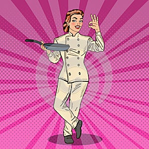 Pop Art Chef Smiling Woman in Uniform with Pan Showing OK Hand Sign