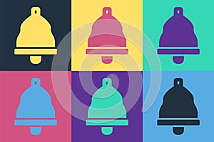 Pop art Church bell icon isolated on color background. Alarm symbol, service bell, handbell sign, notification symbol