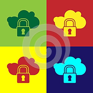 Pop art Cloud computing lock icon  on color background. Security, safety, protection concept. Protection of personal data