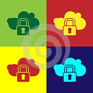 Pop art Cloud computing lock icon isolated on color background. Security, safety, protection concept. Protection of