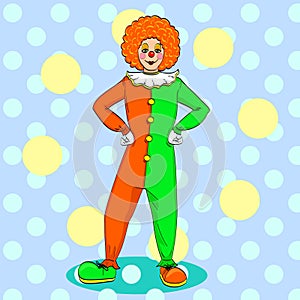 Pop art clown vector. Theater, circus, a woman in a jester costume. Vintage Background