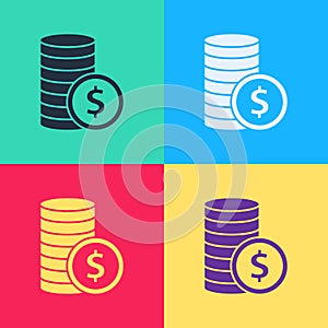 Pop art Coin money with dollar symbol icon isolated on color background. Banking currency sign. Cash symbol. Vector