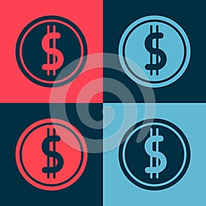 Pop art Coin money with dollar symbol icon isolated on color background. Banking currency sign. Cash symbol. Vector