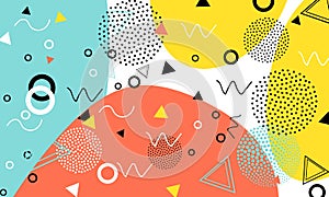 Pop art color background. Memphis pattern of geometric shapes for tissue and postcards. Vector Illustration. Hipster style 80s-90s