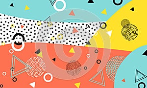 Pop art color background. Memphis pattern of geometric shapes for tissue and postcards. Vector Illustration. Hipster style 80s-90s