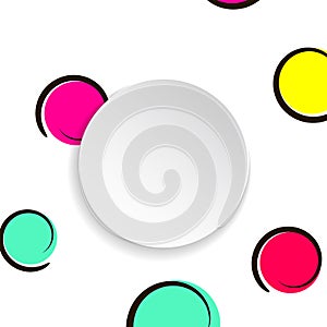 Pop art colorful confetti background. Big colored spots and circles on white background with black dots and ink lines.