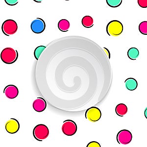 Pop art colorful confetti background. Big colored spots and circles on white background with black dots and ink lines.