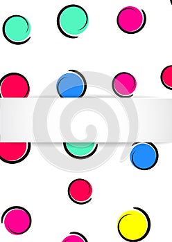 Pop art colorful confetti background. Big colored spots and circles on white background with black dots and ink lines.