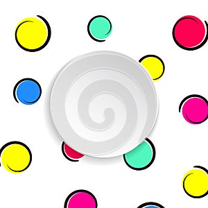 Pop art colorful confetti background. Big colored spots and circles on white background with black dots and ink lines.