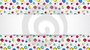 Pop art colorful confetti background. Big colored spots and circles on white background with black dots and ink lines.