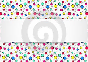 Pop art colorful confetti background. Big colored spots and circles on white background with black dots and ink lines.