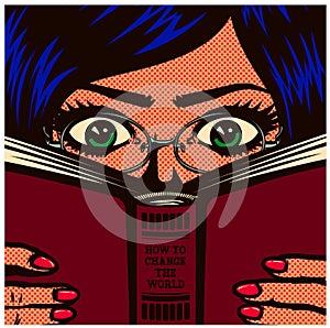 Pop art comic book bookworm nerdy female student girl studying and reading book vector illustration