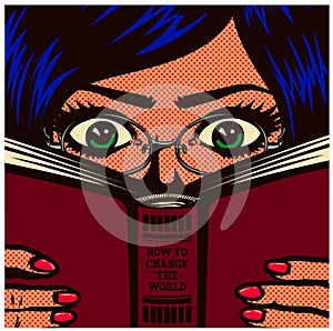 Pop art comic book bookworm nerdy female student girl studying and reading book vector illustration photo