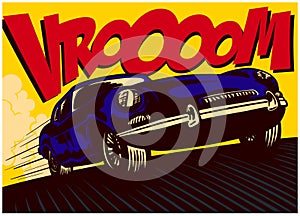 Pop art comic book car at speed with vrooom onomatopoeia vector illustration