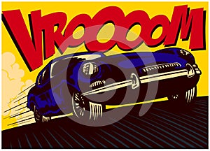 Pop art comic book car at speed with vrooom onomatopoeia vector illustration photo