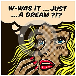 Pop art comic book doubtful wondering woman can`t tell reality from fantasy vector illustration