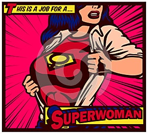 Pop art comic book female superheroine tearing shirt and wearing superhero costume vector illustration