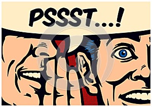 Pop Art comic book gossiip man whispering secret or news in ear of surprised person with speech bubble vector illustration