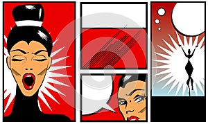 Pop art Comic Book Style Banners with beautiful woman in black b