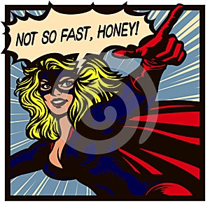 Pop art comic book style superheroine with pointing finger female superhero vector illustration photo