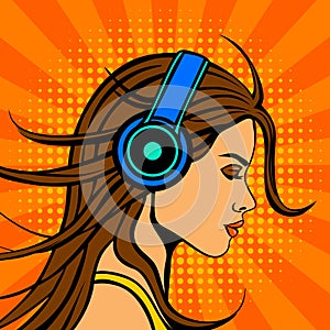 Pop art comic book style woman listening music in headphones